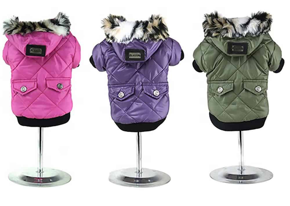 Neoprene Parka Winter Dog Coat (Jacket) with Faux Fur Hoodie– Pink, Green, and Purple