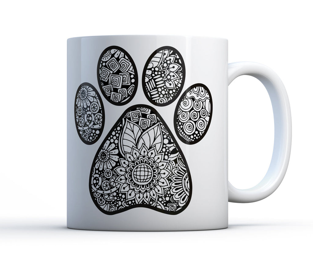 15oz mug with decorative geometric sunflower paw print artwork. 