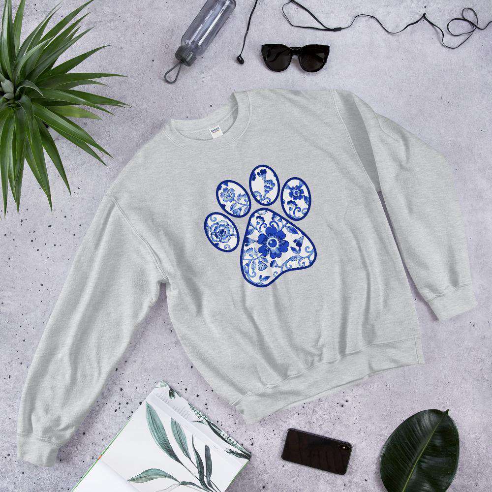 Blue Flower Paw Print Graphic Crewneck Sweatshirt - PetDesignz in Sport Grey