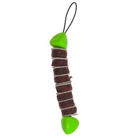 This is the Jackson Galaxy Ground Prey Teaser Wand Cat Toy Replacement Lure buy Petmate. The toy comprises of two ends that are green. It's made of multiple materials, including faux feathers and yarn. There is a loop at one end for a cotter clip to attach to. This lure is meant to engage at the cat's hunting instincts like prowling, pawing, and pouncing.