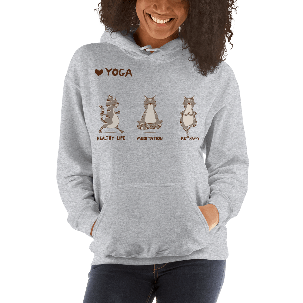Healthy Life, Be Happy Yoga Cat Graphic Pullover Hoodie Sweatshirt Dog Cat PetDesignz Unisex men women