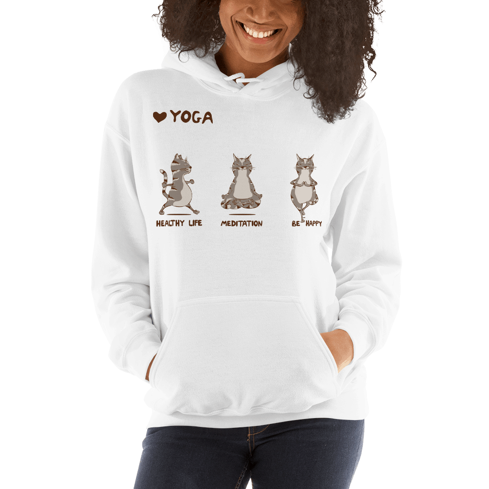 Healthy Life, Be Happy Yoga Cat Graphic Pullover Hoodie Sweatshirt Dog Cat PetDesignz Unisex men women