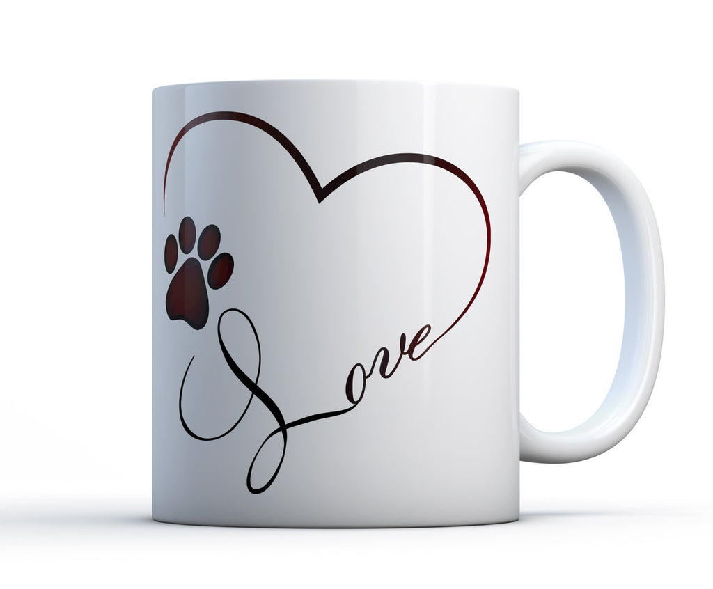 Cute and sentimental white ceramic mug with the word love, a pawprint and a heart. 