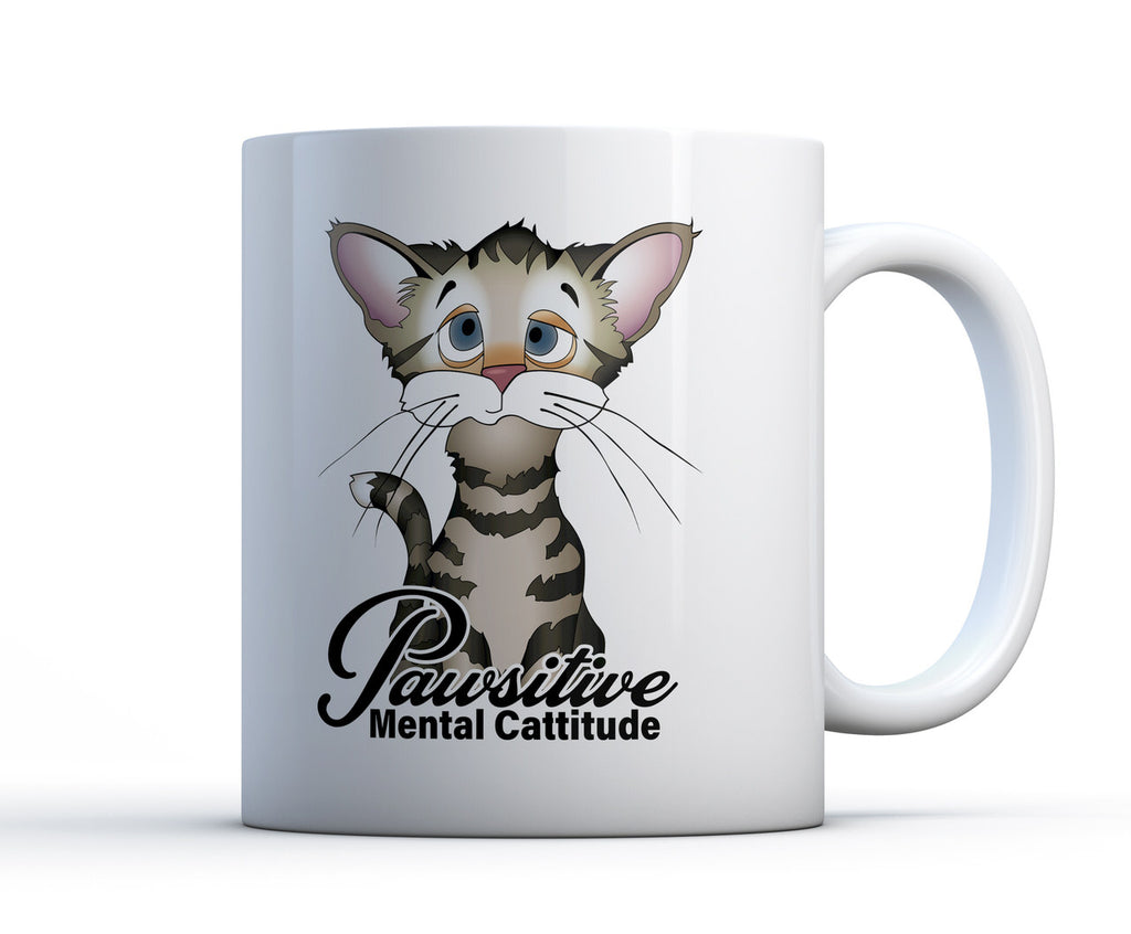 15oz white ceramic coffee mug with funny and cute cat and the words positive mental cattitude. 