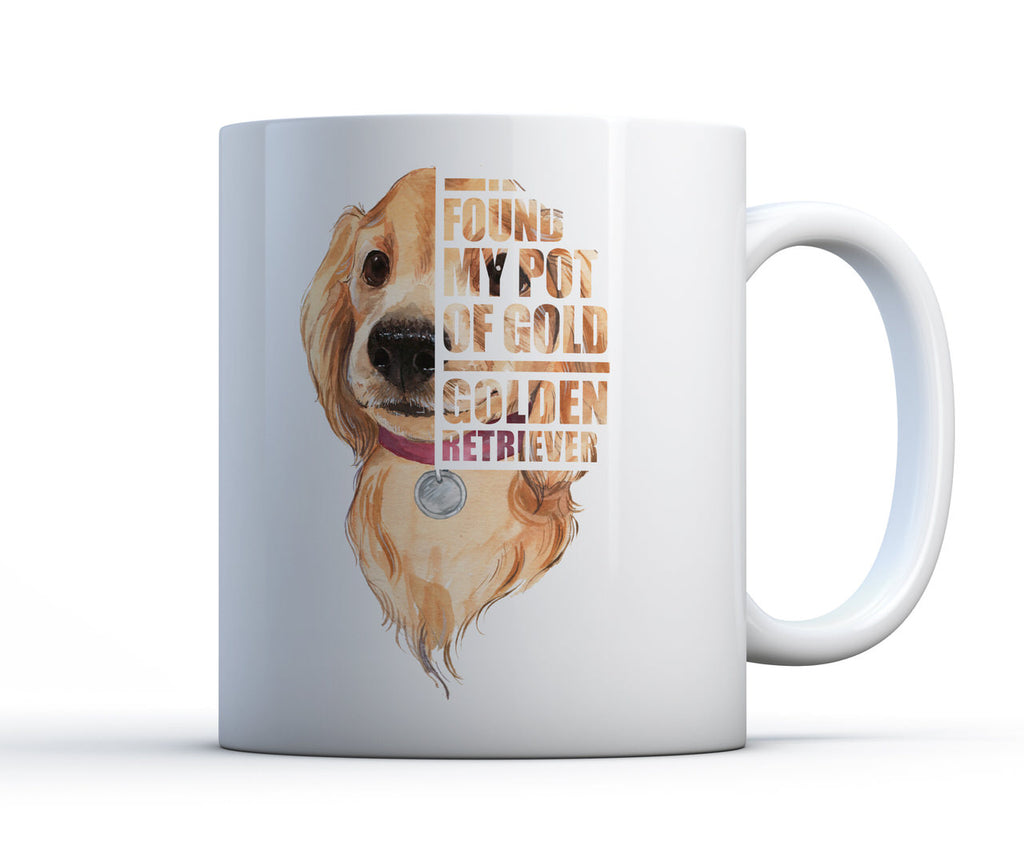 Large white ceramic mug with Golden Retriever puppy in a pink collar. Text reads "I found my pot of gold"