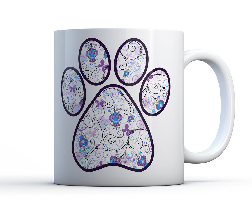 Large white mug with purple flower paw design.