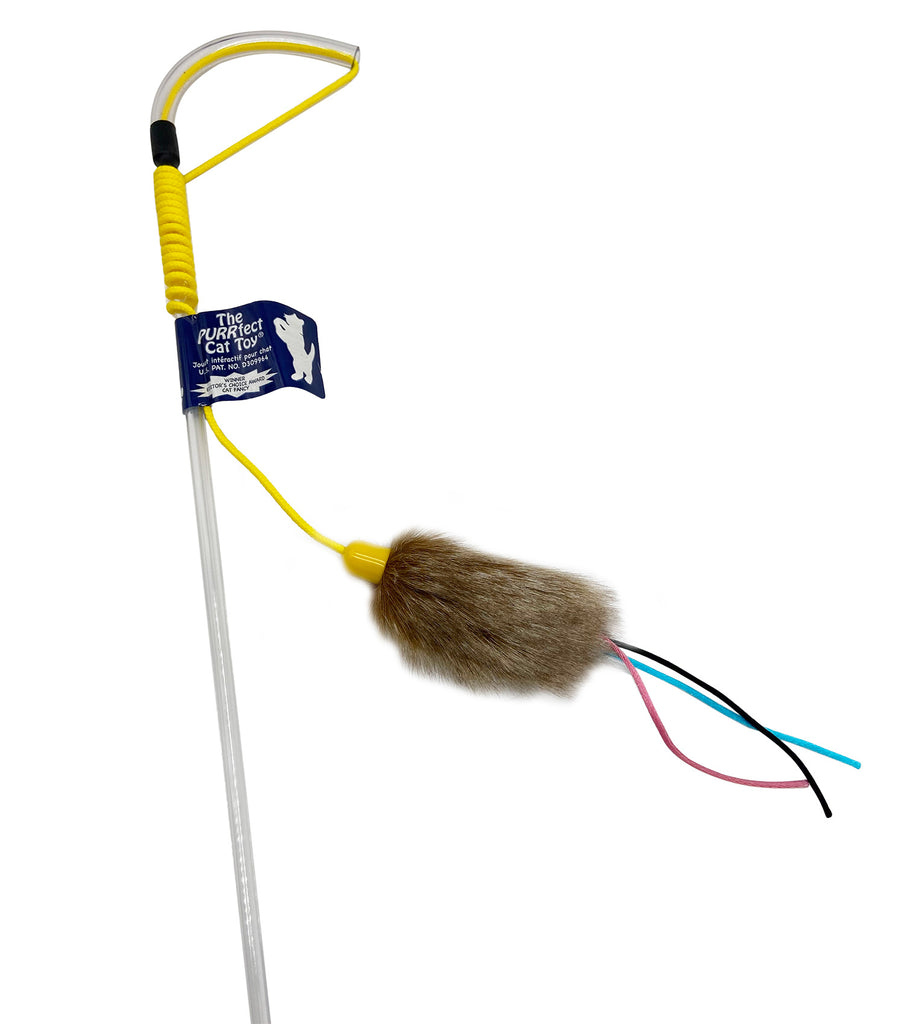 This is the PURRfect Go Fur It Teaser Wand Cat Toy by Vee Enterprises. The lure is constructed of faux fur and reinforced satin cords . The lure is attached to reinforced 32" woven cord. Noisemaking beads run and down inside the plastic wand. The cords, faux fur, and noisemaker beads are meant to engage your cat's hunting instincts. 