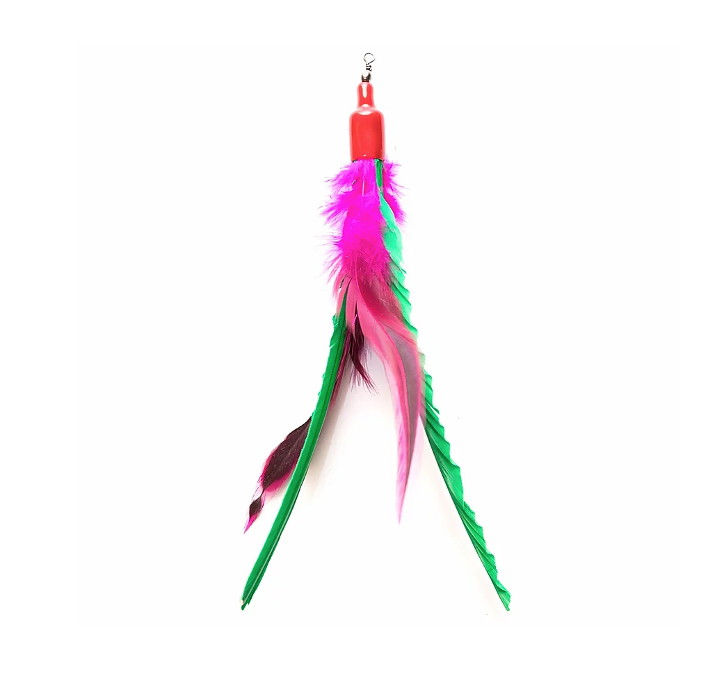 This is the Da Bird Feathers Teaser Wand Cat Toy Replacement Lure by Go Cat. The lure is made up of feathers. The feathers range in colors from hot pink to turquoise-green. There is cotter clip ring at the end of the lure. This lure is meant to engage at the cat's hunting instincts like prowling, pawing, and pouncing. The lure works best with a Go Cat Teaser Wand Cat Toy.