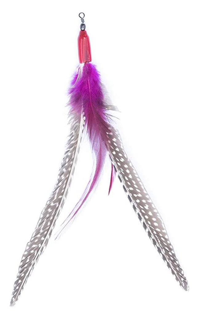 This is the Da Bird Feathers Teaser Wand Replacement Lure by Go Cat. The lure is made of assorted feathers. The feathers range in colors from purplish pink to spotted white, tan, and gray feathers. There is cotter clip ring at the end of the lure. This lure is meant to engage at the cat's hunting instincts like prowling, pawing, and pouncing. The lure works best with a Go Cat Teaser Wand Cat Toy.