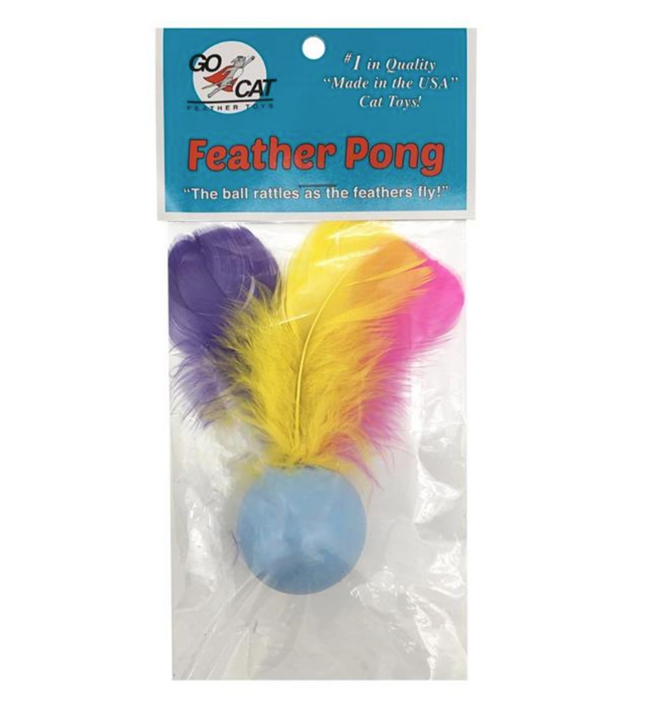 This is the Da Feather Pong Catnip Cat Toy by Go Cat. The toy is in the actual real packaging. The ball is a light blue with multicolored feathers protruding at one end. The feathers are a bright yellow, bright pink, and bright purple. The ball is filled with rice and catnip. The ball is 1.5 inches in diameter and the toy is 5 inches long. The toy is meant to engage your cat's natural hunting instincts like pawing, pouncing, and leaping.