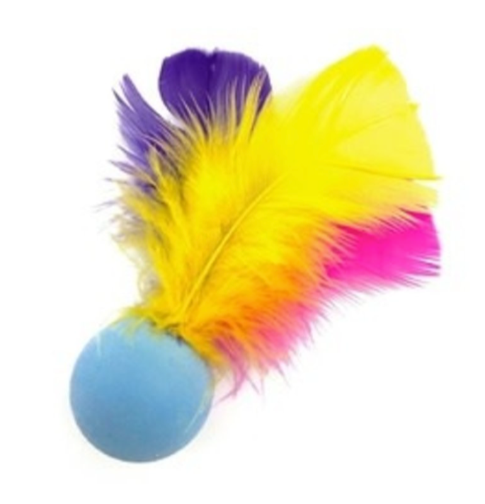 This is the Da Feather Pong Catnip Cat Toy by Go Cat. The ball is a light blue with multicolored feathers protruding at one end. The feathers are a bright yellow, bright pink, and bright purple. The ball is filled with rice and catnip. The ball is 1.5 inches in diameter and the toy is 5 inches long. The toy is meant to engage your cat's natural hunting instincts like pawing, pouncing, and leaping. 