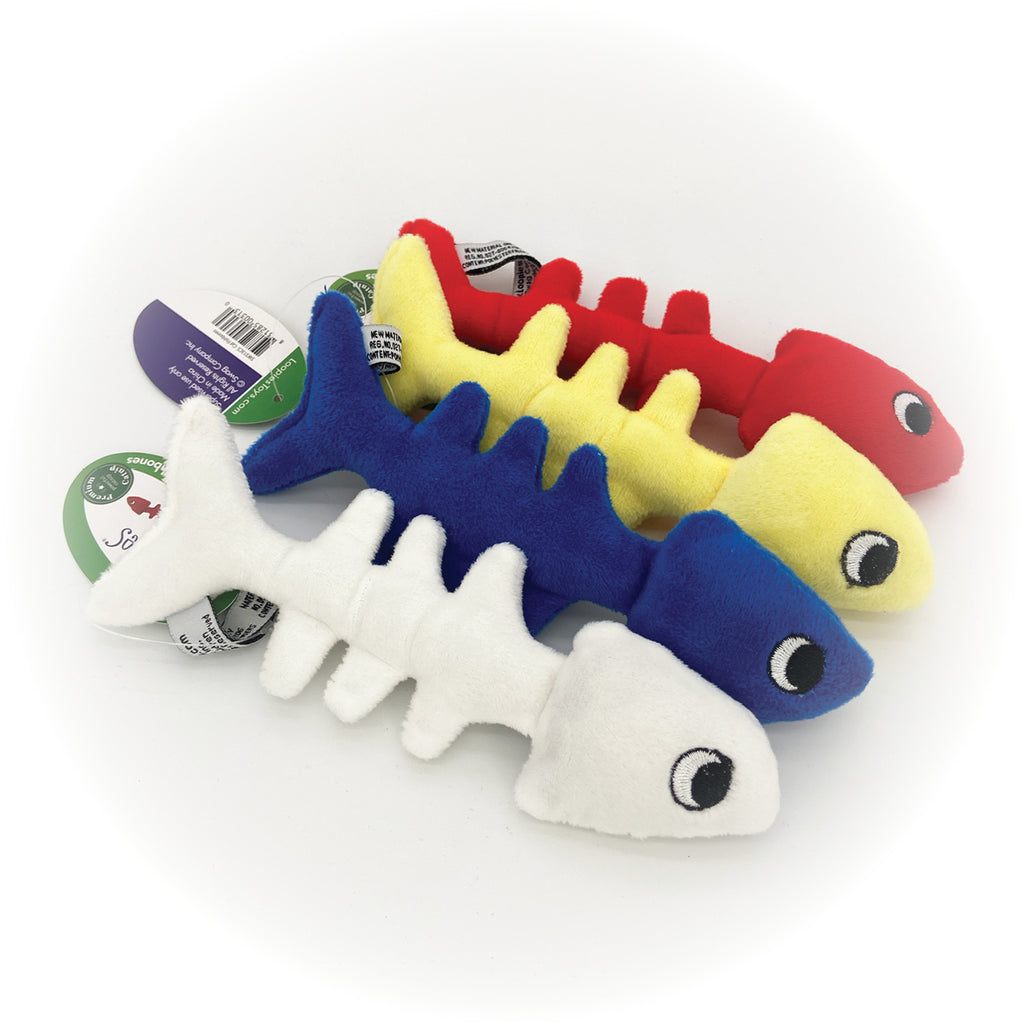 These are Fish Bones Plush Catnip Cat Toys by Loopies. The fish come blue, red, white, and yellow. Each fish has a soft plush body that is great for a cat's gnawing and biting. The body is designed for durability and long hours of play. Also, each fish is stuffed with organic catnip to attract cats more. The toy is meant to engage a cat's hunting instincts.  