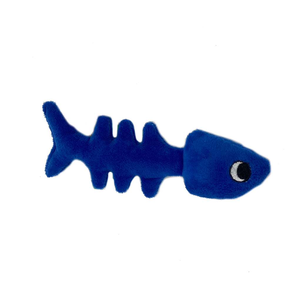 This is a Fish Bone Plush Catnip Cat Toy by Loopies. The toy is blue and has a fish body showing its bones.  It has a soft plush body for biting and gnawing. The toy is designed for durability and long hours of play. The fish is stuffed with organic catnip to attract your cat even more. The toy is meant to engage a cat's hunting instincts.