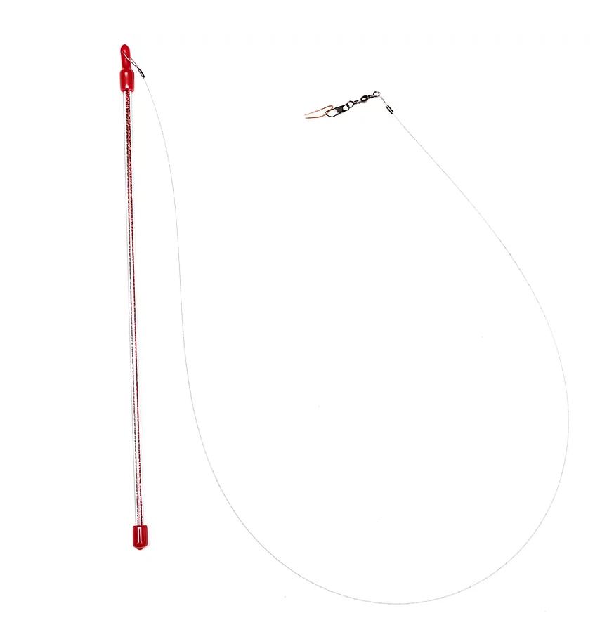 This is a teaser wand by Go Cat®. It is a red sparkle wand with a line that has a cotter clip at the end. The teaser wand works best with a cat toy lure. Both items engage the cat's instinctive behavior such as hunting, pawing, and prowling.