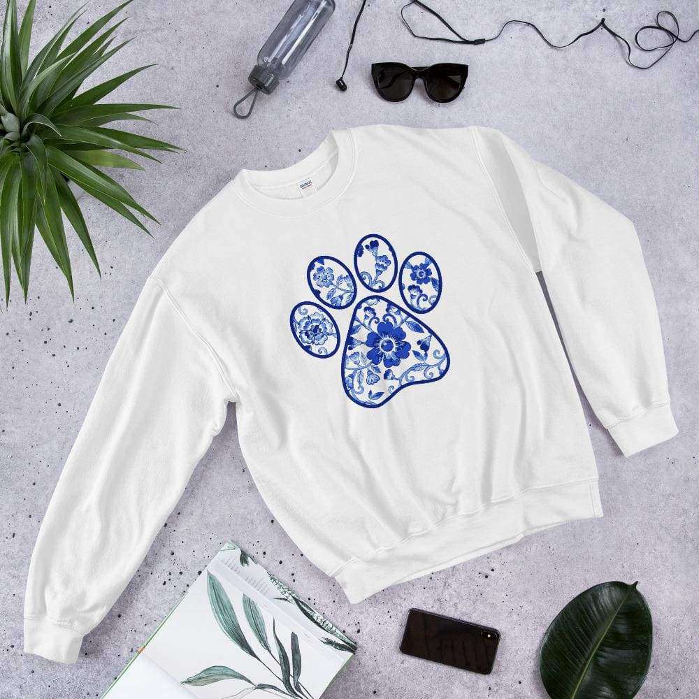 Blue Flower Paw Print Graphic Crewneck Sweatshirt - PetDesignz in Wihte