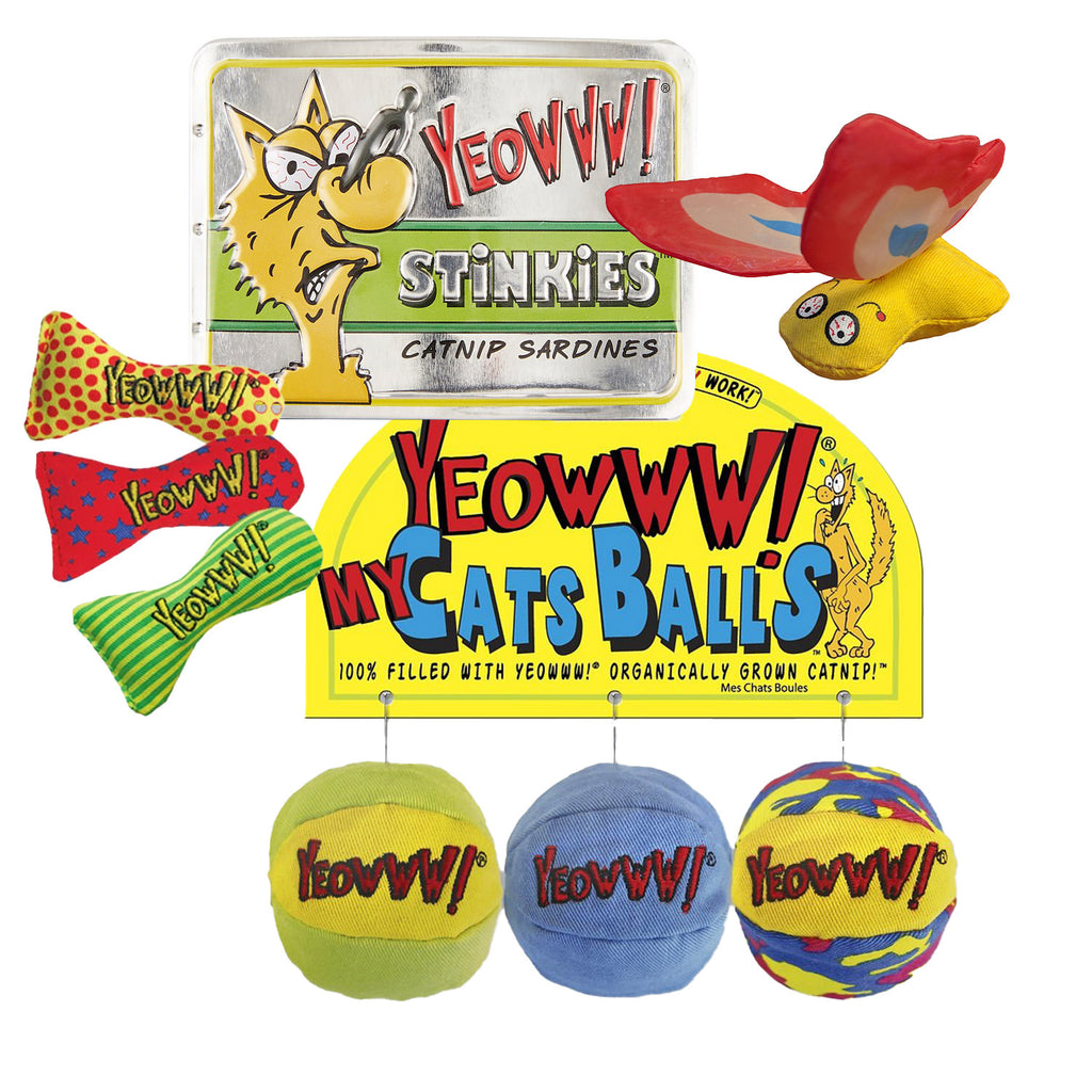 YEOWWW! Bundle includes: Sardines™ (3-sardines in tin), Butterfly (1), and Cat Balls (3-balls)