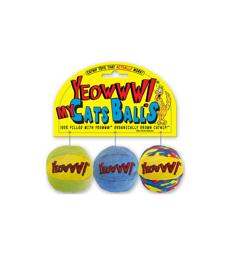 These are My Cat's Balls Catnip Cat Toys by Yeowww!. The balls are made from high quality durable cotton. Each ball has Yeowww! sewn onto the front of it. The balls come in green and yellow, all blue, or multi-colored splattered color designs. The toys are meant to engage a cat's hunting instincts. 