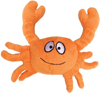 This is Crabby from the Under The Sea Gift Pack Catnip Cat Toys by Loopies. The crab is entirely orange and it has a huge smiley face on the front. Also, Crabby is stuffed with organic catnip. The toy is a plush toy. It's meant to engage your cat's hunting instincts. 