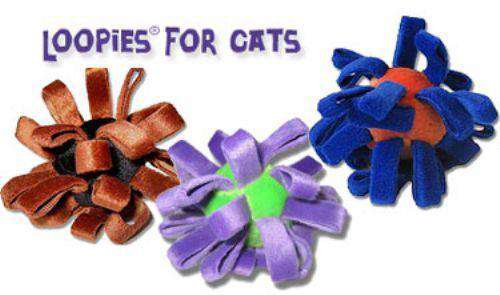 This is an assortment of Loopie Loop Catnip Plush Cat Toys by Loopies. The toys are an assortment of colors: brown and black, purple and green, and red and blue. Each toy is made from multiple fabrics that help maximize claw and catch play. The toys have an incorporated bell into the toy design which helps maintain greater attraction.  100% organic catnip, which is grown into the USA, is loaded into the toys. It helps keep a pet's attention.