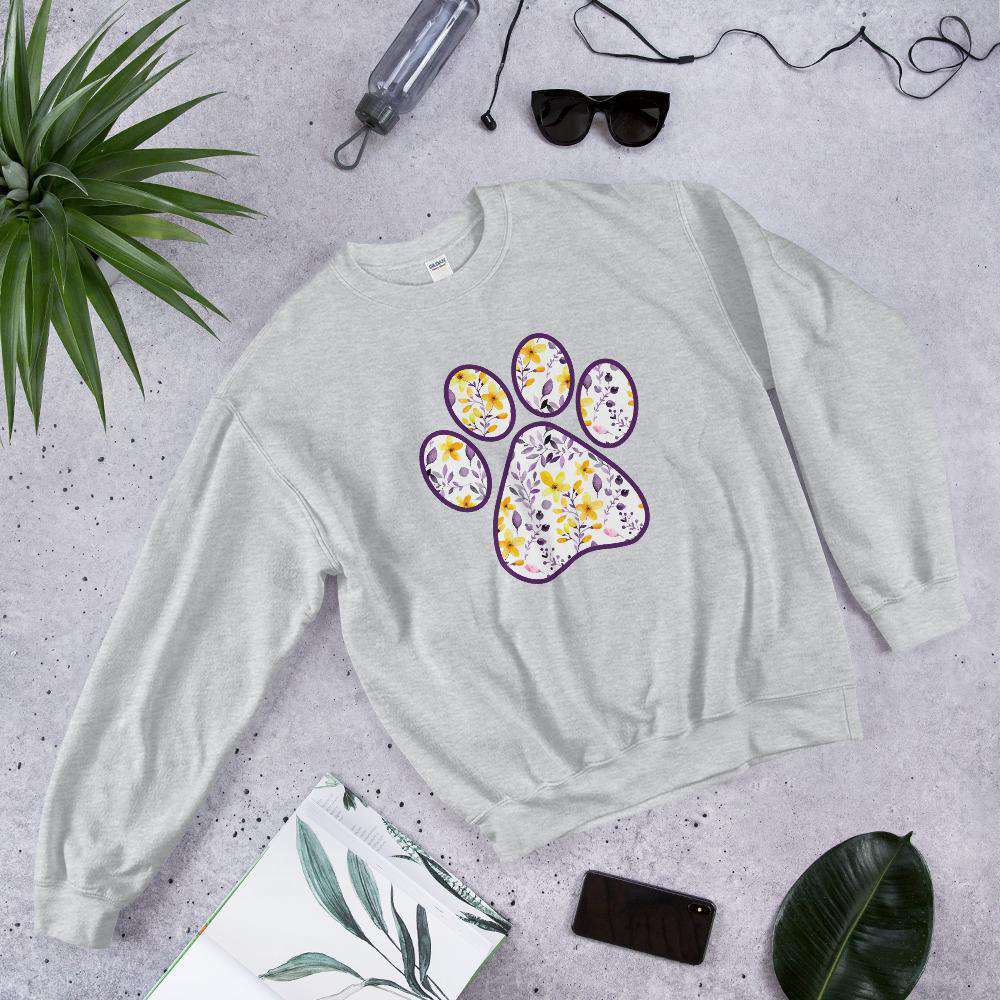 Yellow Purple cat dog floral paw print  PetDesignz Graphic crewneck sweatshirt Unisex men women