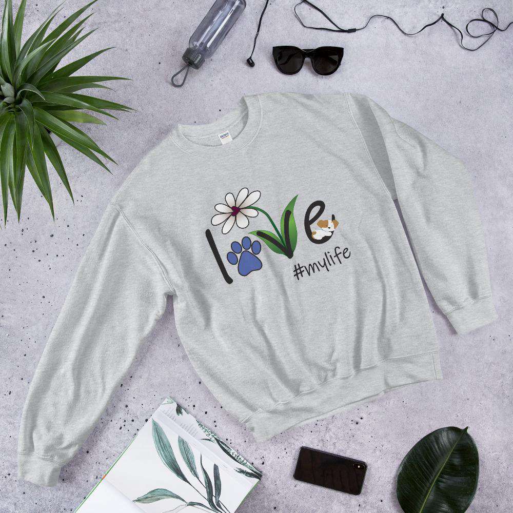 PetDesignz - Graphic Crewneck Sweatshirt - “Love, My Life” Flower, Dog, Paw Print