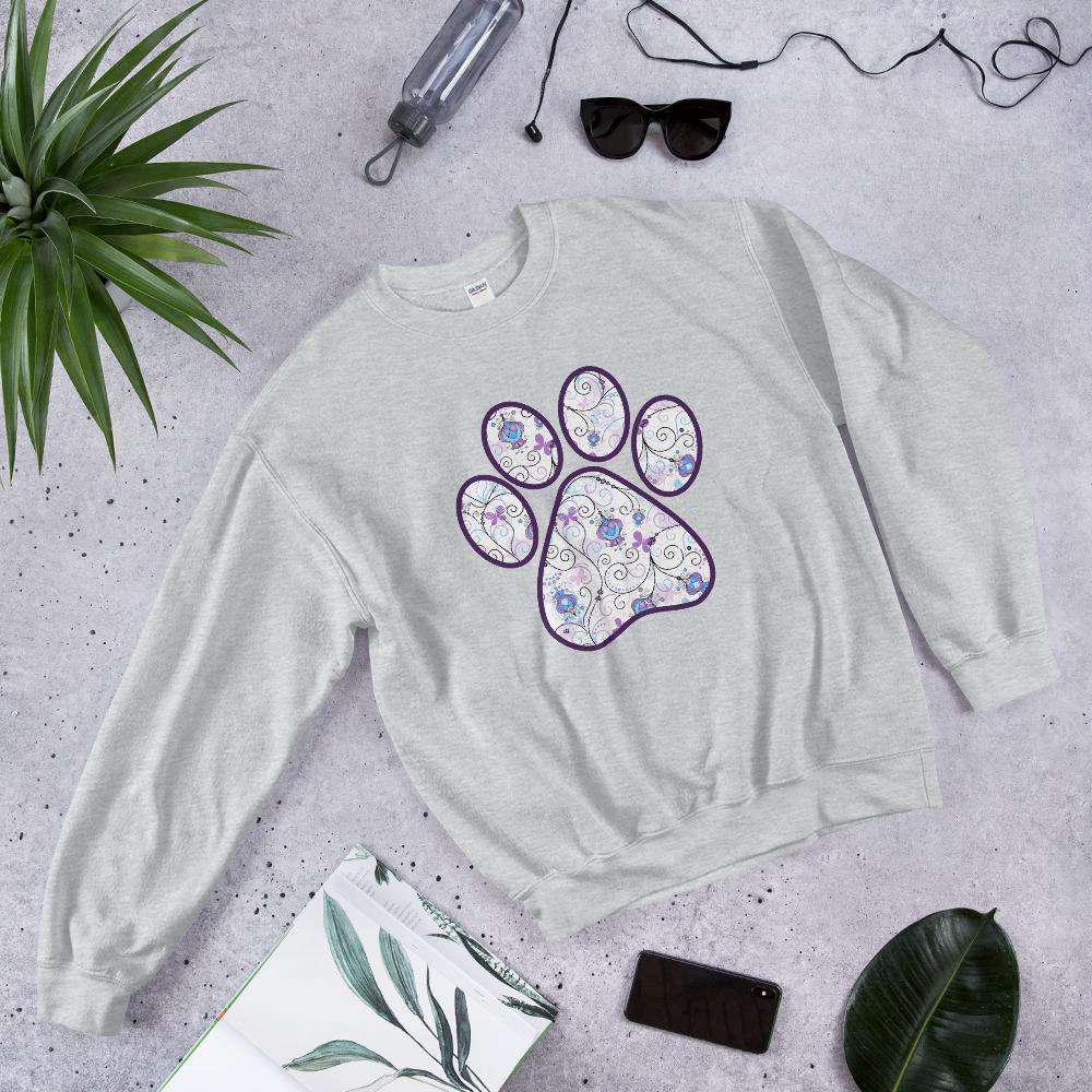 Purple swirl butterfly cat dog floral paw print PetDesignz Graphic crewneck sweatshirt Unisex men women
