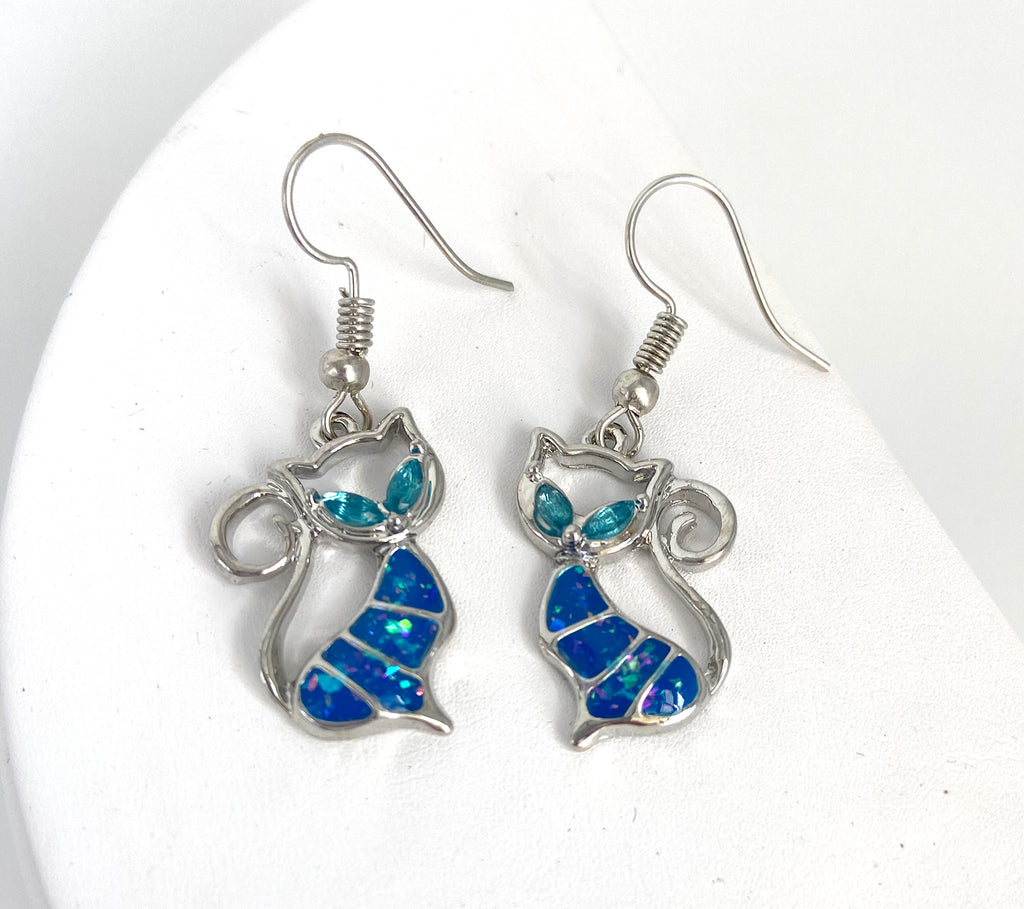 Blue Opal Cat Jewelry Bundle - Earrings and Necklace - Artisan Jewelry Set
