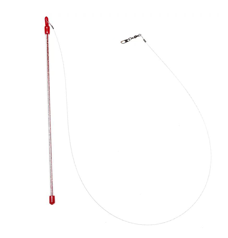 This is a teaser wand by Go Cat®. It is teaser wand with a line that has a cotter clip at the end. The teaser wand works best with a cat toy lure. Both items—a lure and a wand—engage the cat's instinctive behavior such as hunting, pawing and prowling.