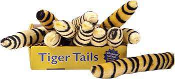This is a box of Tiger Tail Catnip Plush Cat Toys by Loopies. The box is golden yellow with Tiger Tails written across it. The tiger tail is a nine-inch plush toy loaded with catnip. The catnip is 100% organic and grown in the USA, which helps the catnip stay fresher longer. These toys are great for back leg kicking/scratching and hugging. 